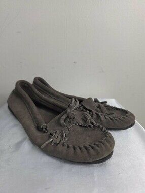 Minnetonka Dark Gray Suede Moccasin Slippers